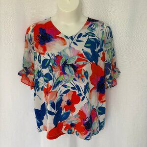 SUSAN GRAVER Floral Liquid Knit Top with Chiffon Sleeves